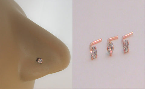 3 18k Rose Gold Plated 2mm Clear Gem Nose Bent L Shape Pins Studs 22 gauge