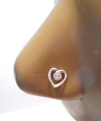 Sterling Silver Open Heart Clear CZ L Shape Post Pin Stud Nose Ring 20 gauge 20g - I Love My Piercings!