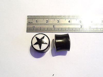 Pair Black Horn White Bone Star Organic Natural Double Flare Plugs 9/16 inch - I Love My Piercings!