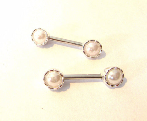Pair Surgical Steel Straight Barbells Nipple Faux White Pearl Cups 14 gauge 14g - I Love My Piercings!