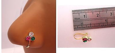 Gold Plated India Style Clear Emerald Green Pink Crystal Flower Nose Cuff Clip - I Love My Piercings!