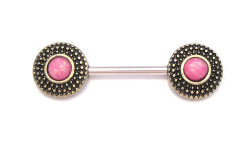 Pink Opalite Shield Disk Straight Bar Post Barbell Nipple Ring 14 gauge 14g - I Love My Piercings!