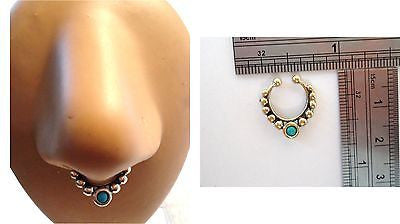 Gold Brass Fake Faux Beaded Turquoise Agate Stone Septum Hoop Barbell Ring - I Love My Piercings!