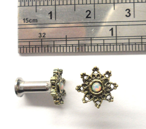 Surgical Steel Star Flower Opal Double Flare Ear Lobe Jewelry Plugs 8 gauge 8g - I Love My Piercings!