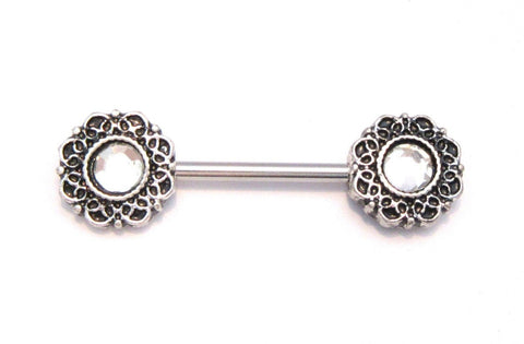Clear Crystal CZ Flower Straight Bar Post Barbell Nipple Ring 14 gauge 14g - I Love My Piercings!