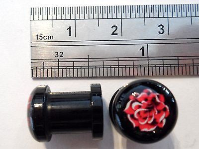2 pieces Black Acrylic Tribal Red Rose Screw Back Plugs Tunnels 0 gauge 0g - I Love My Piercings!