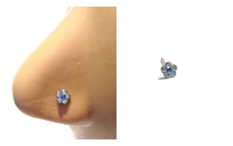 Blue Aqua CZ Crystal Flower Nose Bone Straight Ball End Post Pin 20 gauge 20g - I Love My Piercings!