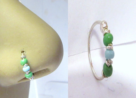 Sterling Silver Thin Nose Hoop Green Beaded Ring 22 gauge 22g 8 mm Diameter - I Love My Piercings!