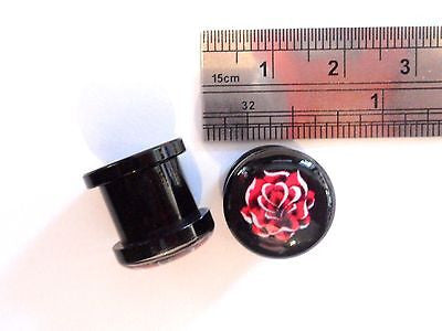 2 pieces Black Acrylic Tribal Red Rose Screw Back Plugs Tunnels 7/16 inch - I Love My Piercings!