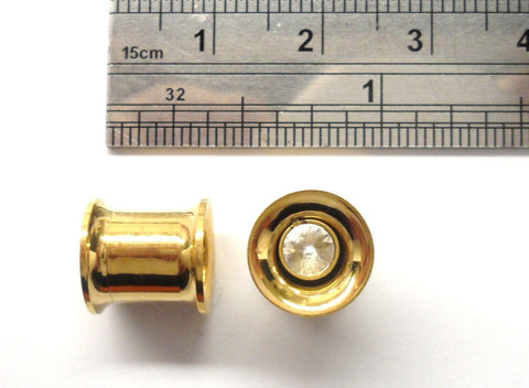 Gold Titanium Clear Crystal CZ Lobe Jewelry Double Flare Screw Tunnels 0 gauge - I Love My Piercings!