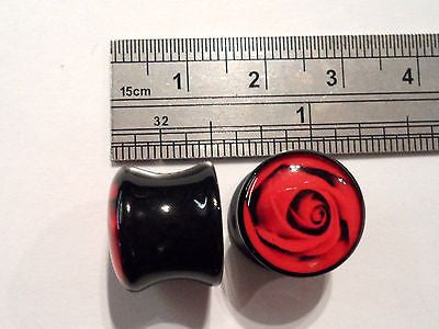 Pair 2 pieces Double Flare Acrylic Black Red Rose Plugs Ear Lobe 1/2 inch - I Love My Piercings!
