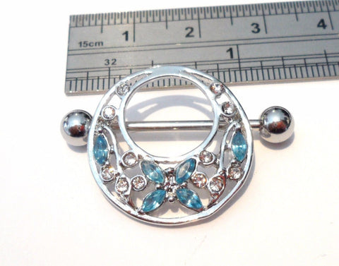 Surgical Steel Filigree Butterfly Aqua Crystal CZ Nipple Hoop Shield 14 gauge - I Love My Piercings!