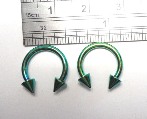 Pair Green Titanium Horseshoes Spikes Cartilage Lip Rings 14 gauge 14g 10 mm - I Love My Piercings!