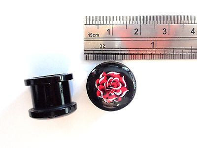 2 pieces Black Acrylic Tribal Red Rose Screw Back Plugs Tunnels 1/2 inch - I Love My Piercings!