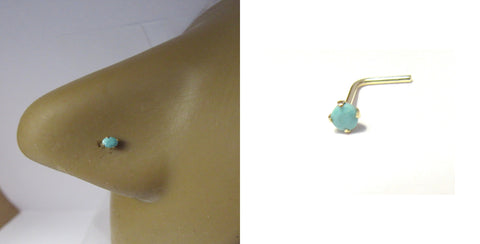 10K Yellow Gold Turquoise Stone Nose Stud L Shape Pin Post Ring 20 gauge 20g - I Love My Piercings!