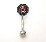 Surgical Steel Pink CZ Ornate Flower Curved Barbell VCH Jewelry Clit Bar Hood Ring 14g - I Love My Piercings!
