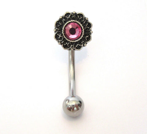 Surgical Steel Pink CZ Ornate Flower Curved Barbell VCH Jewelry Clit Bar Hood Ring 14g - I Love My Piercings!