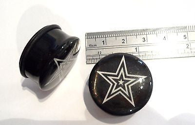 Pair 2 pieces Single Flare White Star Black Plugs O rings 1 inch - I Love My Piercings!