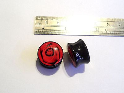 Pair 2 pieces Double Flare Acrylic Black Red Rose Plugs Ear Lobe 5/8 inch - I Love My Piercings!
