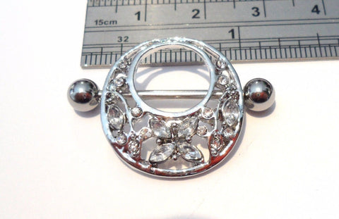 Surgical Steel Open Filigree Butterfly Crystal CZ Nipple Hoop Shield 14 gauge - I Love My Piercings!