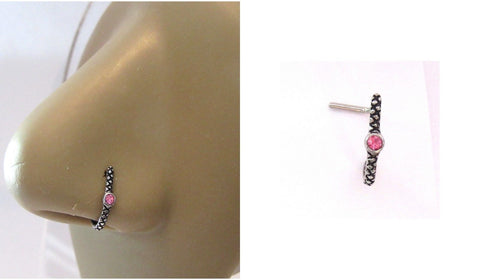 Surgical Steel L Shape Nose Ring Stud Hoop Ornate Pink CZ Crystal 20 gauge 20g - I Love My Piercings!