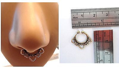 Gold Brass Fake Faux Hearts Ornate Septum Hoop Barbell Ring Looks 18 gauge - I Love My Piercings!