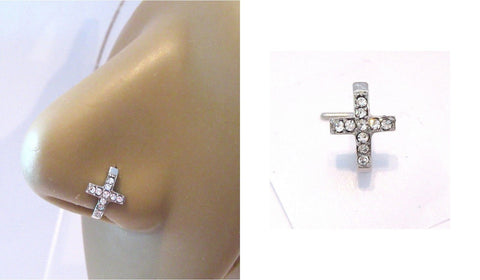 Surgical Steel L Shape Nose Ring Stud Hoop Cross Clear CZ Crystals 20 gauge 20g - I Love My Piercings!
