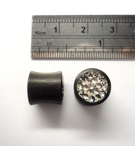 Pair Black Wood Clear Crystal CZ Cluster Gems Double Flare Plugs 00 gauge 00g - I Love My Piercings!