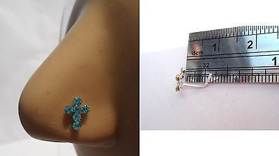 Sterling Silver Nose Stud Pin Ring L Shape Aqua Crystal Cross 20g 20 gauge - I Love My Piercings!