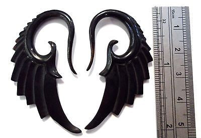 Black Horn Fancy ANGEL WINGS Detailed on both sides Handmade 8 gauge 8g - I Love My Piercings!