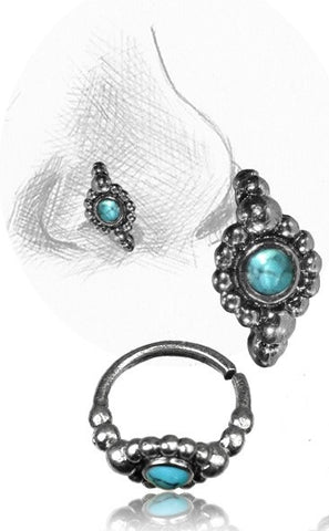 Sterling Silver Turquoise Beaded Seamless Nose Hoop 18 gauge 18g 8 mm Diameter - I Love My Piercings!