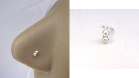 Sterling Silver Double White Faux Pearl Nose Ring L Shape Stud 22 gauge 22g - I Love My Piercings!