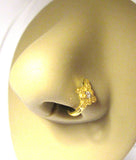 18K Gold Plated L Shape Nose Ring Hoop Stud Filigree Clear Crystal 18 gauge 18g