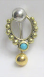 VCH Intimate Jewelry Two Tone Gold and Silver Turquoise Hoop Dangle Vertical Clitoral Hood Bar 14g
