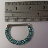 Surgical Steel Loaded Aqua Crystal Half Hoop Nipple Straight Barbell 14 gauge
