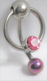 Flat Pink Crystal Gem Hoop Dangle VCH Vertical Clit Clitoral Hood Ring Bar 14g