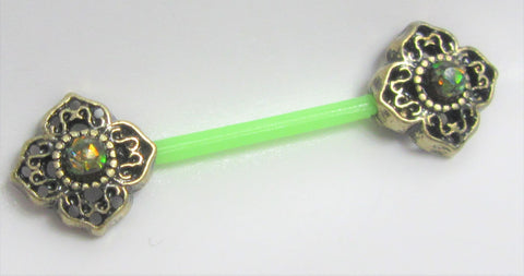Flexible Metal Sensitive Green Opal Ornate Nipple No Metal Bar Ring Bioplast 14g