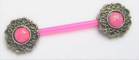 Flexible Metal Sensitive Pink Ornate Flower Nipple No Metal Bar Bioplast 14g