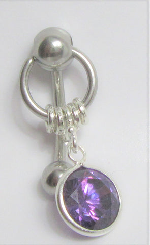 Purple CZ Gem Crystal Dangle VCH Vertical Clitoral Clit Hood Bar Post Ring 14g