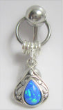 Blue Opal Ornate Dangle VCH Vertical Clitoral Clit Hood Bar Post Ring 14g