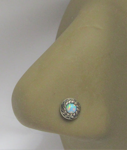 Sterling Silver White Opal Ornate Swirls L Shape Post Pin Stud Nose Ring 20g