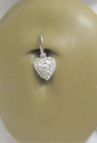 Sterling Silver Gem Puffed Heart Dangle Hoop Belly Navel Ring 16 gauge 16g