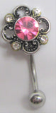 Pink Clear Ornate Crystal Flower VCH Vertical Clitoral Clit Hood Bar Post Ring 14g