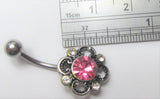 Pink Clear Ornate Crystal Flower VCH Vertical Clitoral Clit Hood Bar Post Ring 14g