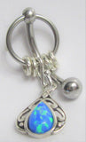 Surgical Steel Blue Ornate Opal Internally Threaded Dangle VCH Vertical Clitoral Hoop Post Curved Bar 14G