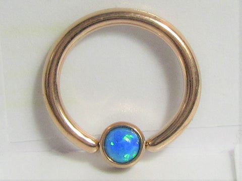 Rose Gold Plated Blue Opal Solitaire Hoop Ring 14 gauge 14g