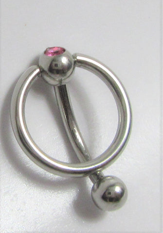 Pink Gem Hoop Vertical VCH Clitoral Clit Hood Piercing Ring Curved Post 16G