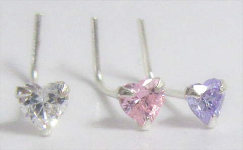 Sterling Silver Crystal Heart Nose Rings Pins L Shape Bent Studs Post 22 gauge 22g