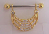 18k Gold Plated Triple Loop Crystal Drop Nipple Hoop Shield Barbell 14 gauge - I Love My Piercings!