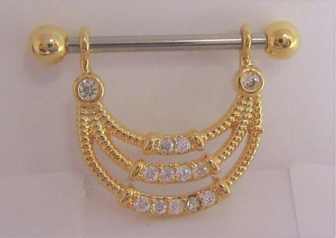 18k Gold Plated Triple Loop Crystal Drop Nipple Hoop Shield Barbell 14 gauge